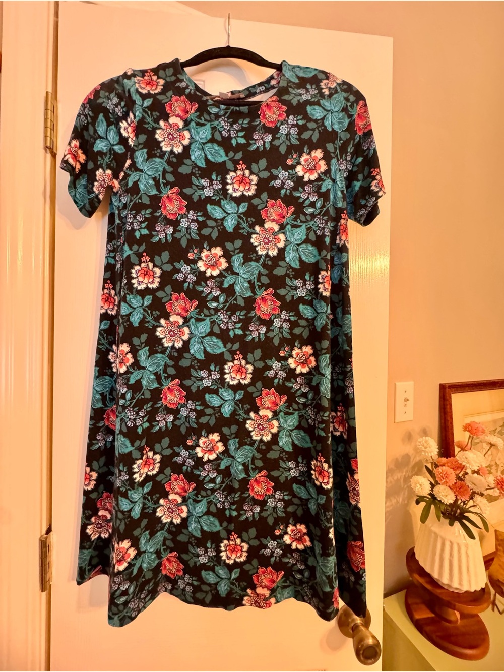 Loft Floral A-Line Short Sleeve Dress - Black with Teal & Pink Floral